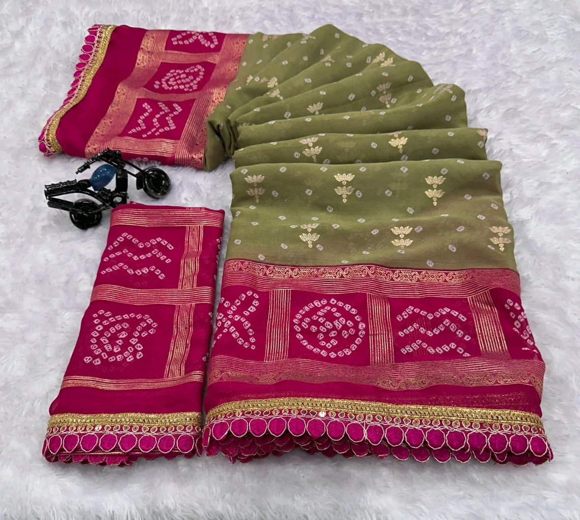 Green Bandhani Saree with Pink Scalloped Border 4