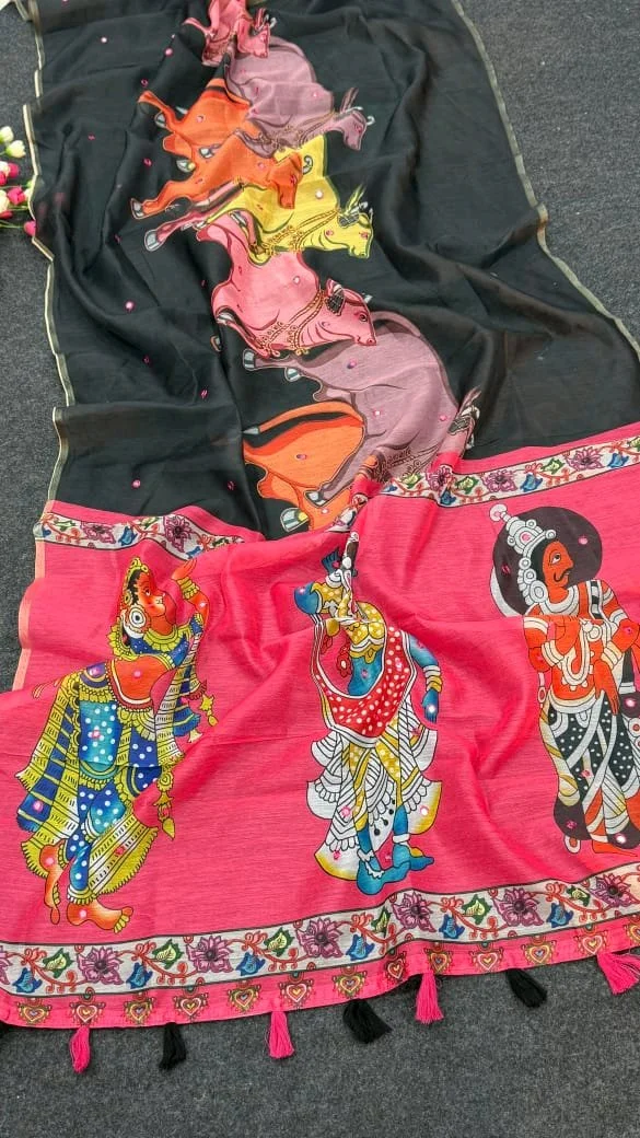 Horse Print Mirror Work Saree with Tassels 3