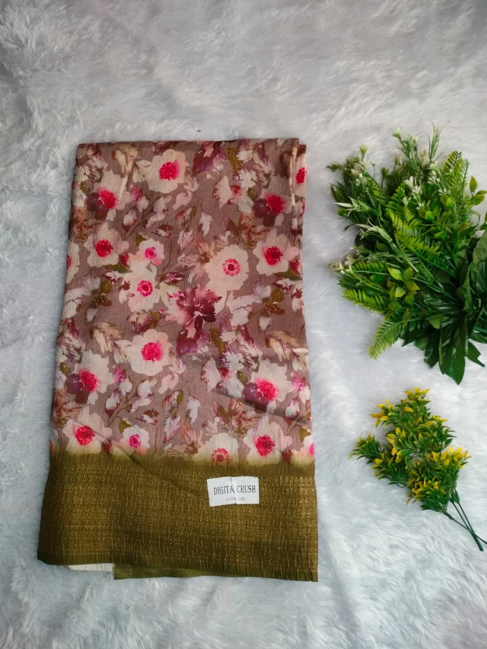 Digital Crush Floral Print Saree with Olive Green Textured Border