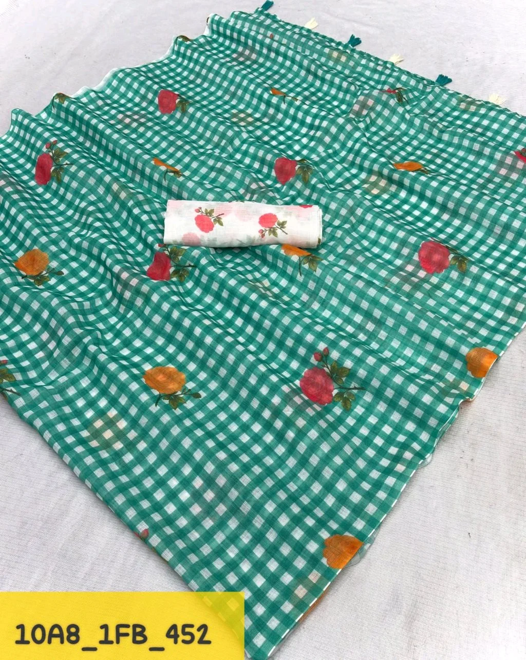 Gingham Cotton Saree with Fruit Print and White Blouse thumbnail 1