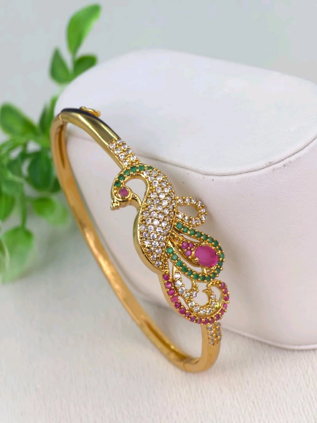 Gold Plated Peacock Design Bangle with Multi-Color Stones 4