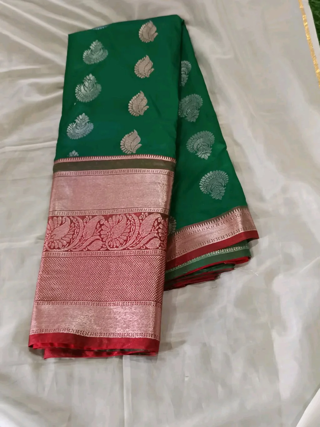 Green Silk Saree with Silver Zari Motifs and Red Zari Border