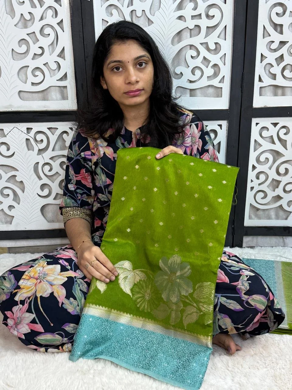 Lime Green Silk Blend Saree with Zari Motifs and Blue Border thumbnail 1