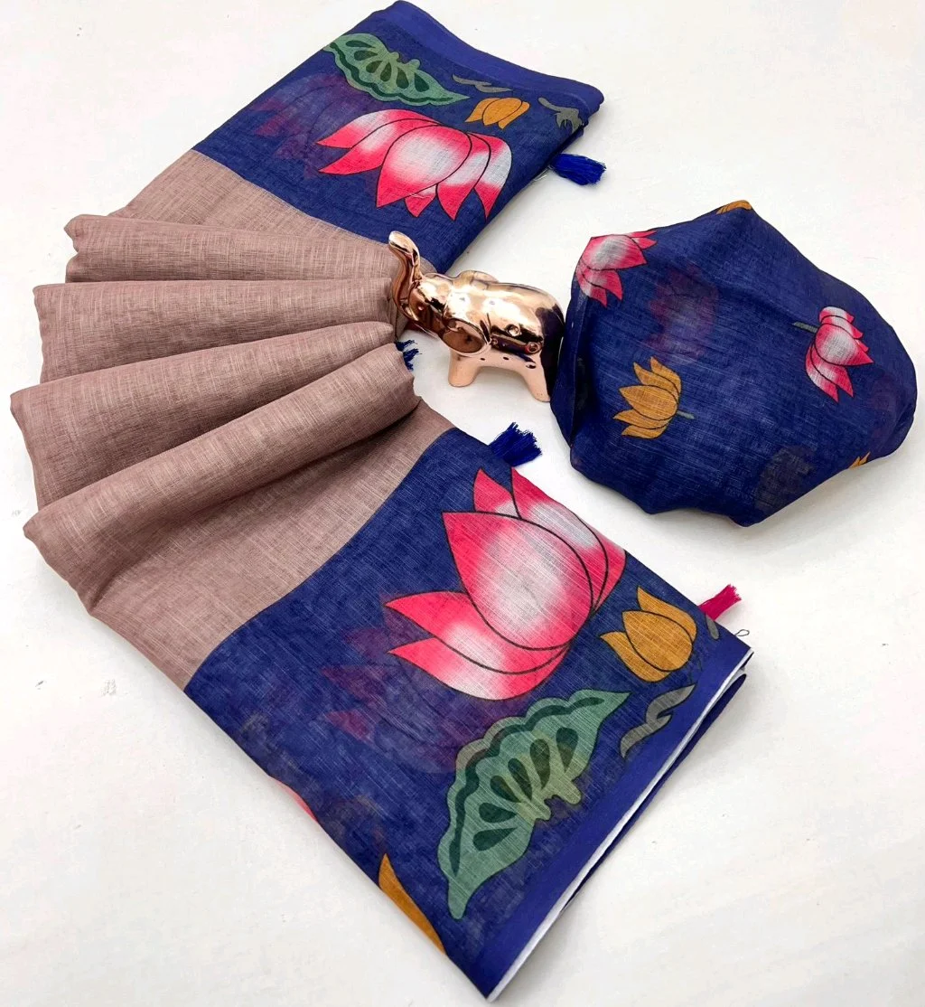 Abha Linen Saree with Elephant Digital Print 3