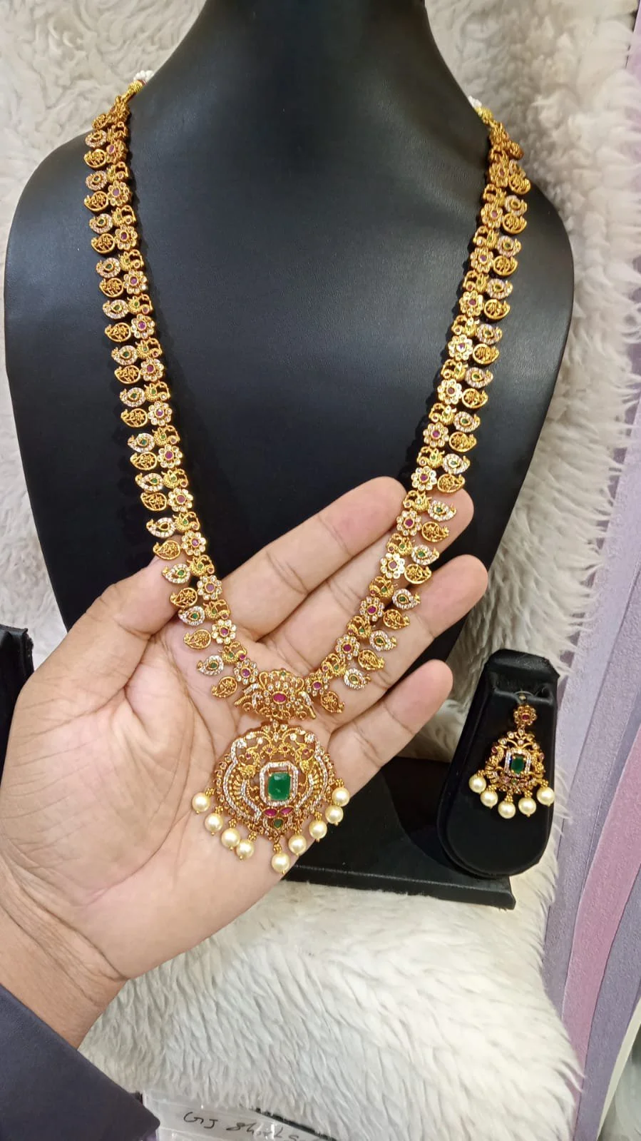 Gold Plated Long Necklace Set with Emerald and Ruby Stones