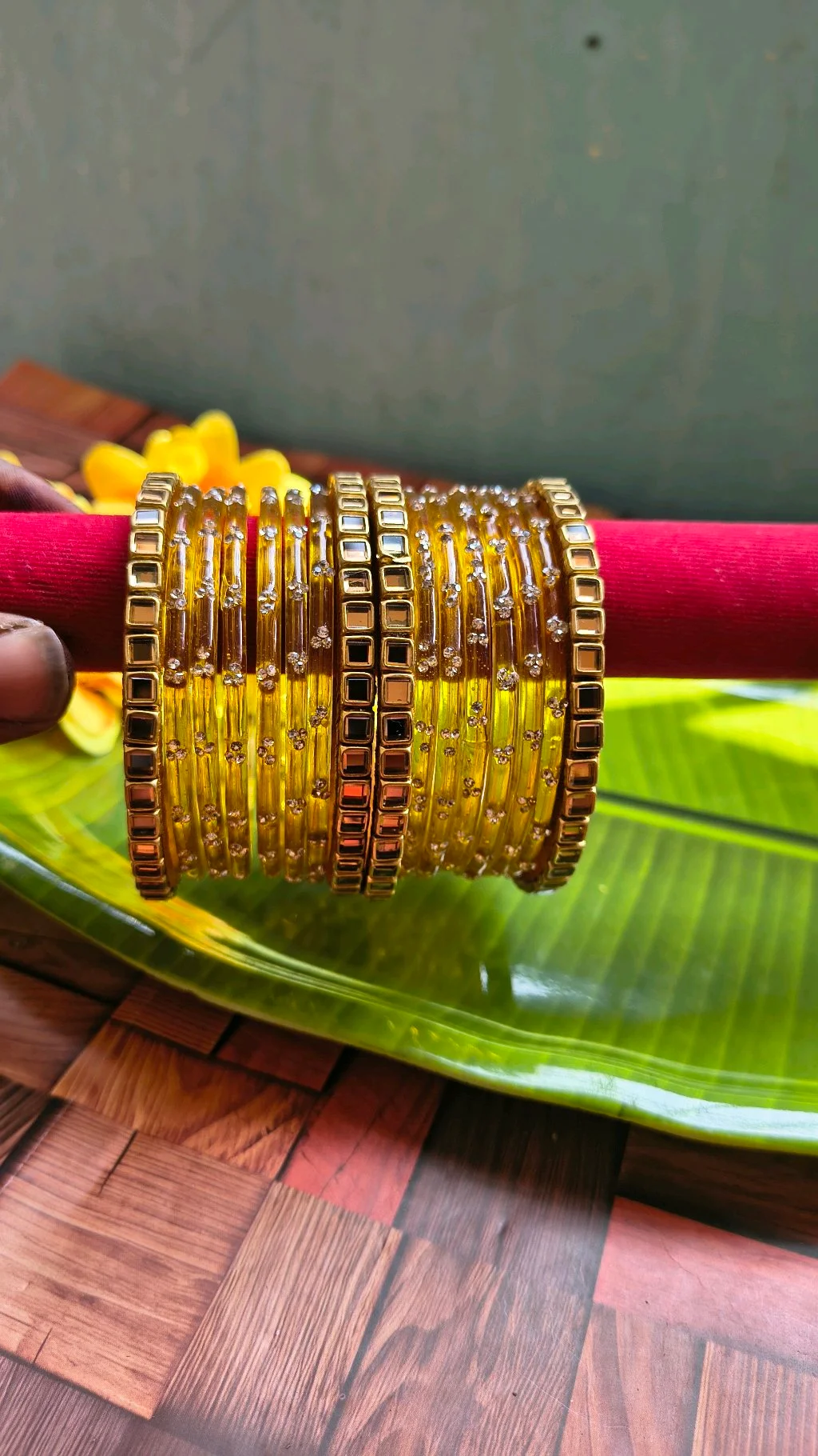Golden Yellow Glass Bangles with Stone and Gold Design thumbnail 2