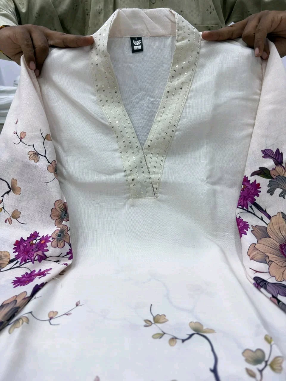 White Floral Print Palazzo Set with Embroidered Neck thumbnail 4