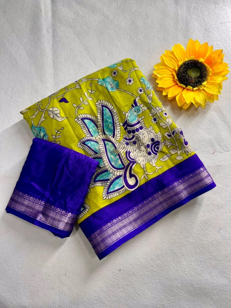 Jequrd Kalamkari Print Saree with Royal Blue Border 1