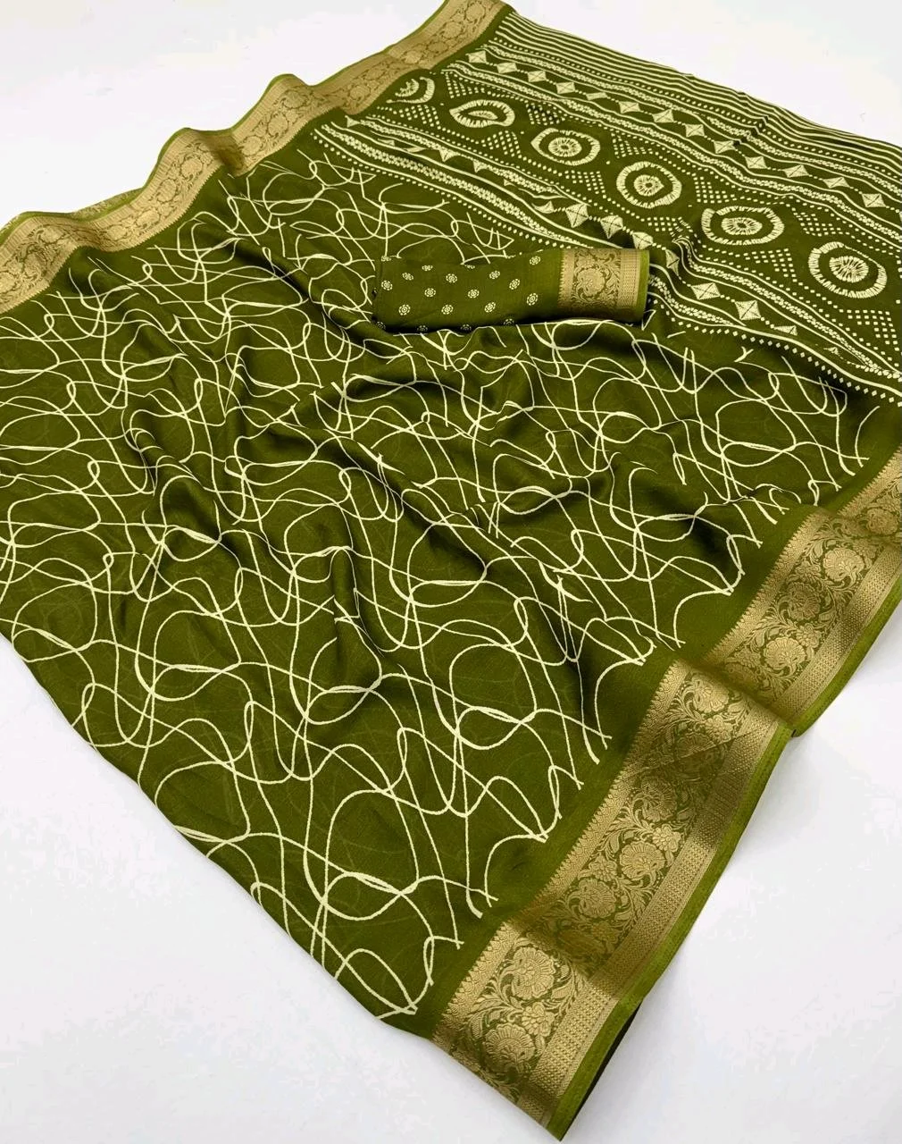 Marshmellow Print Saree with Abstract Print and Gold Zari Border thumbnail 6