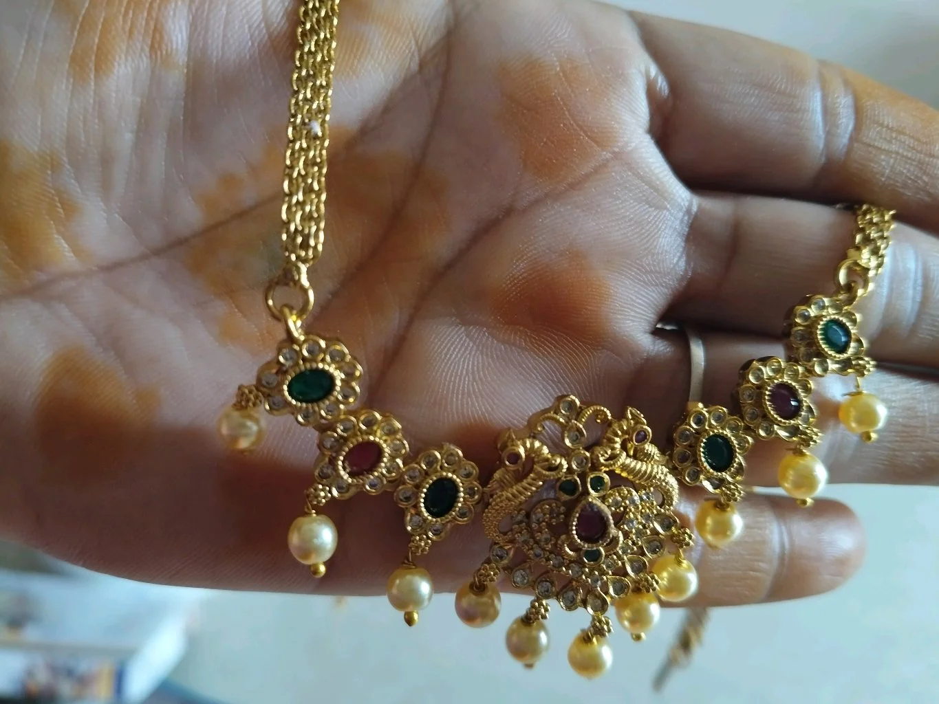 Gold Plated Traditional Necklace with Ruby Emerald and Pearl Drops