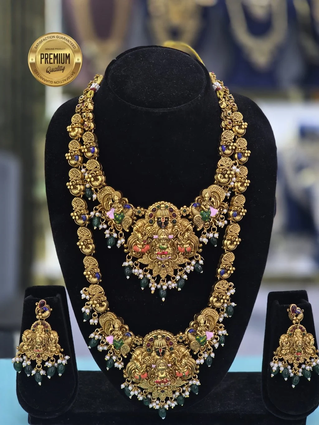 Gold Plated Temple Design Long Haram and Choker Set with Earrings