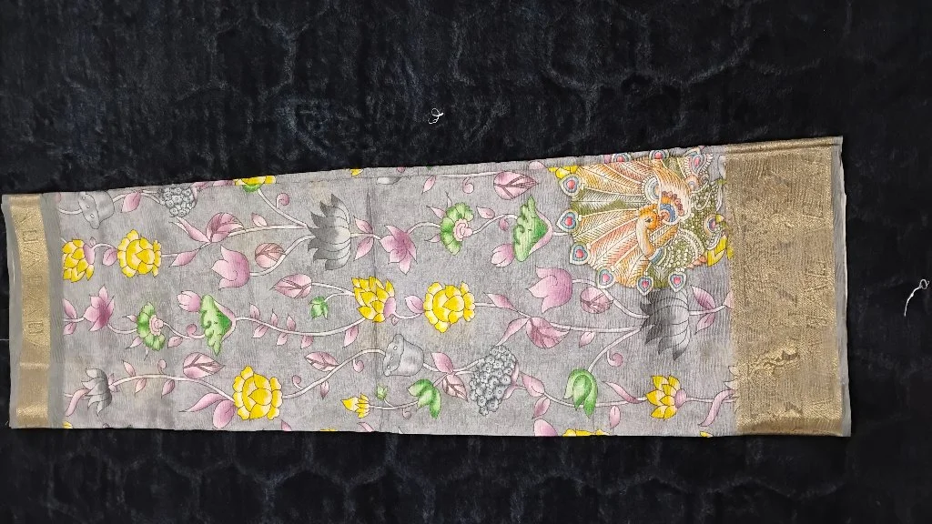 Grey Floral Peacock Print Saree with Zari Border 2