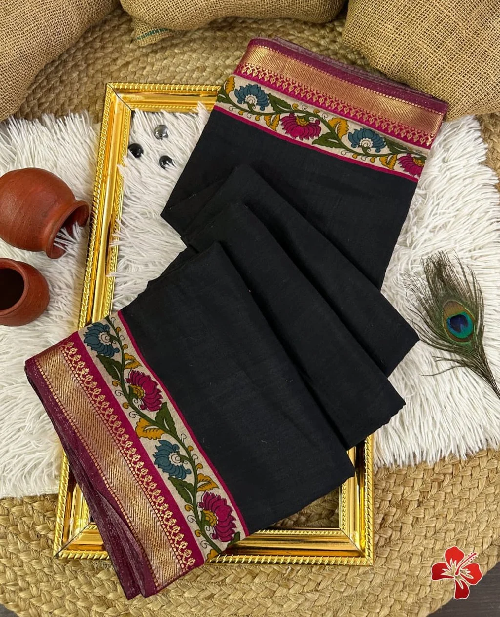 Black Cotton Saree with Floral Zari Border