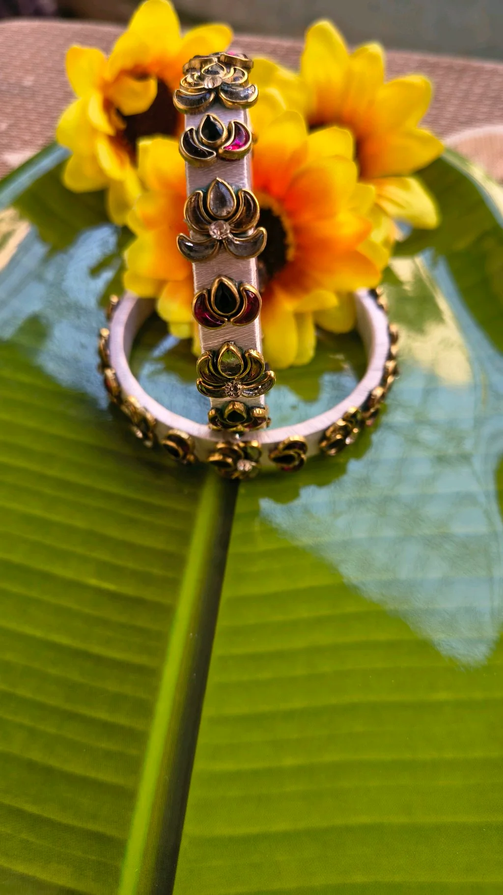 White Silk Thread Bangles with Floral Kundan Embellishments thumbnail 4