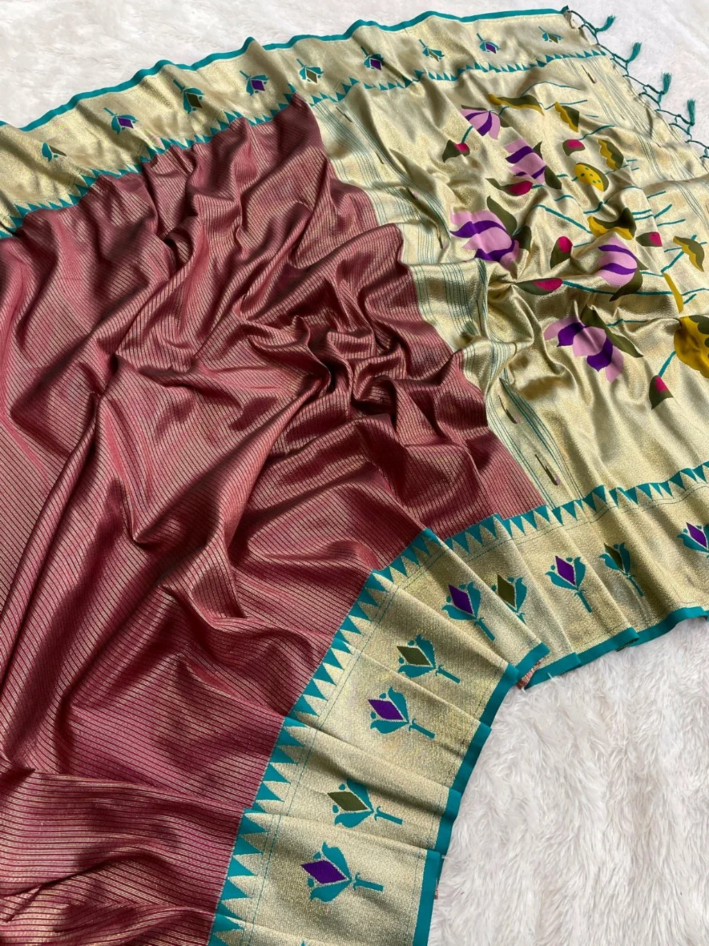 Soft Tissue Silk Paithani Saree with Colorful Floral Pallu and Gold Border 5
