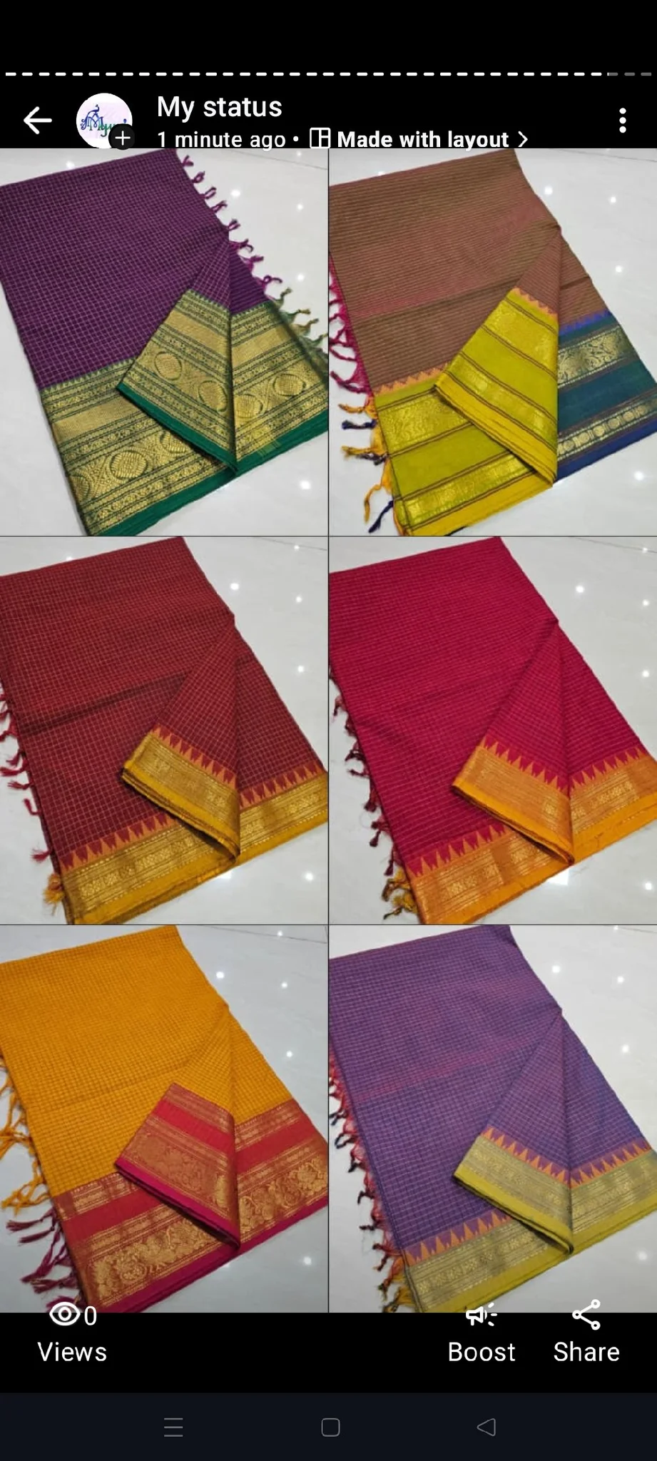 Checked Cotton Saree with Zari Border thumbnail 3
