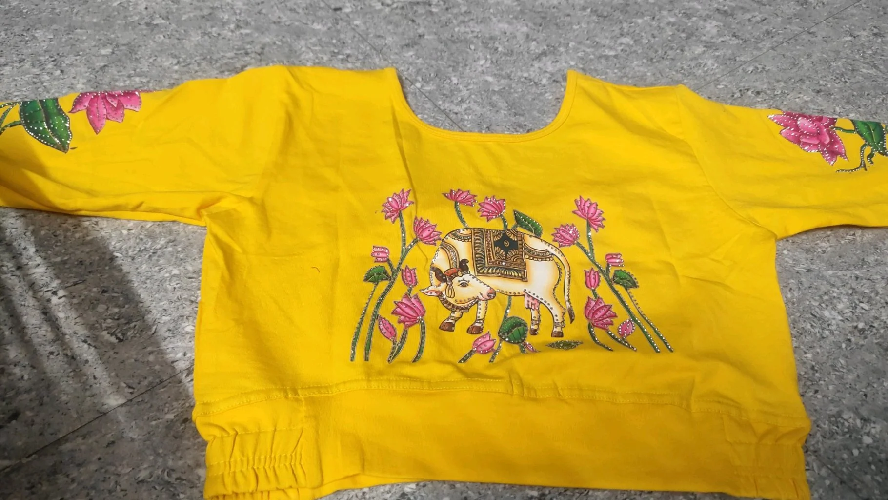 Hot Pink Blouse with Cow and Lotus Handpaint thumbnail 4