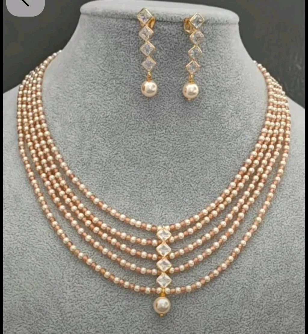 Multi Strand Pearl Necklace Set with CZ Stones thumbnail 1