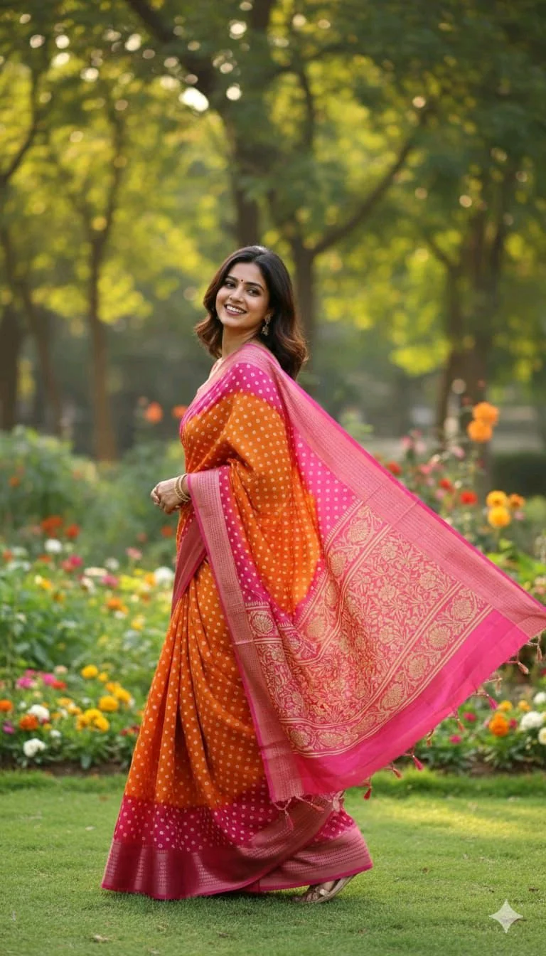 Orange and Pink Bandhani Silk Saree with Zari Border thumbnail 7