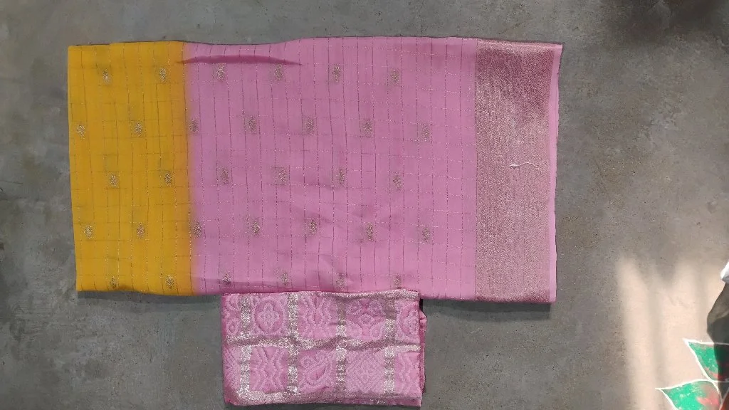 Pink and Yellow Sheded Viscose Chinon Saree, This Saree Is Very Comfortable And Light Weight Super Quality Sarees 2