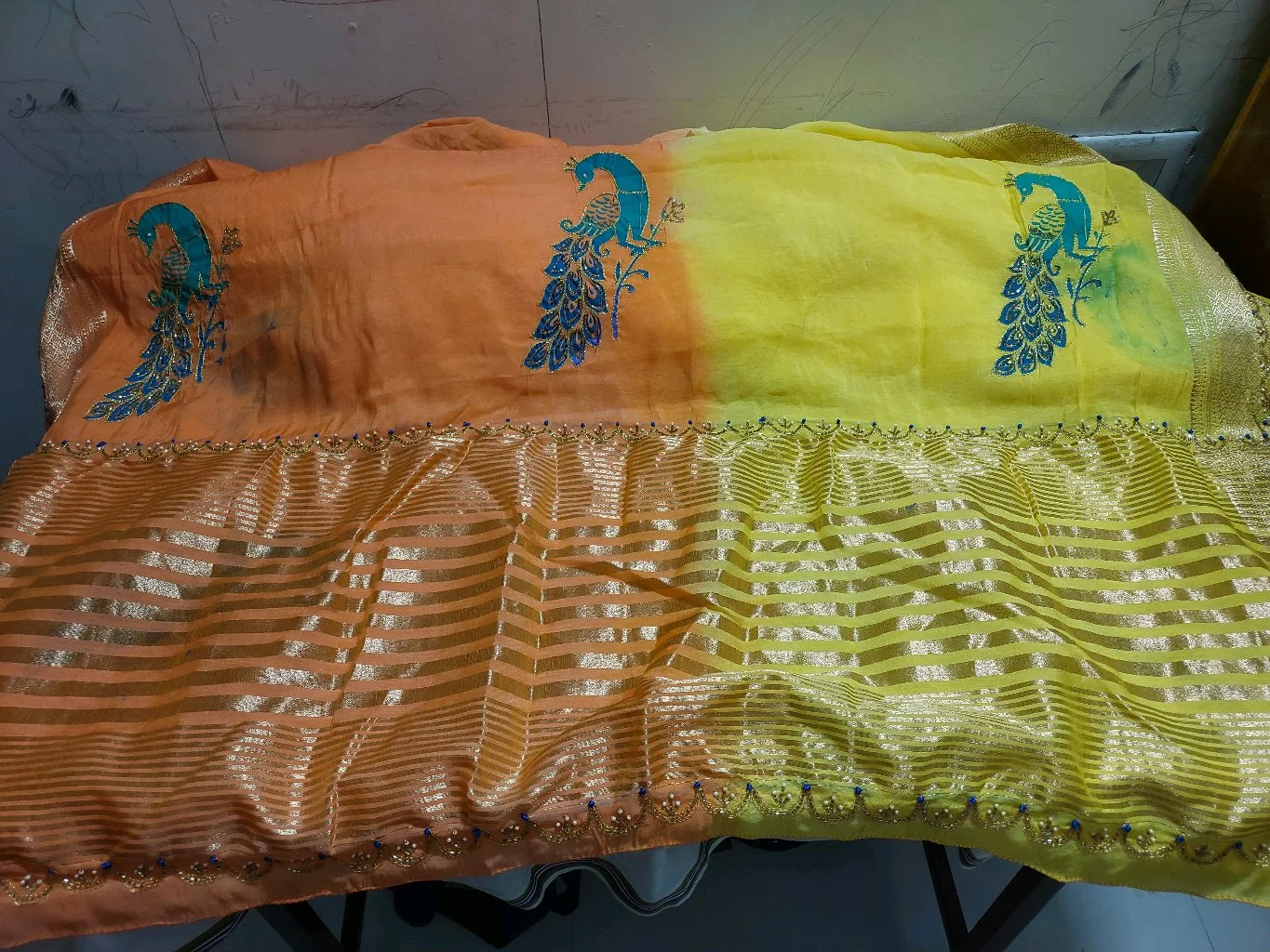 Dual Tone Orange Yellow Saree with Peacock Embroidery