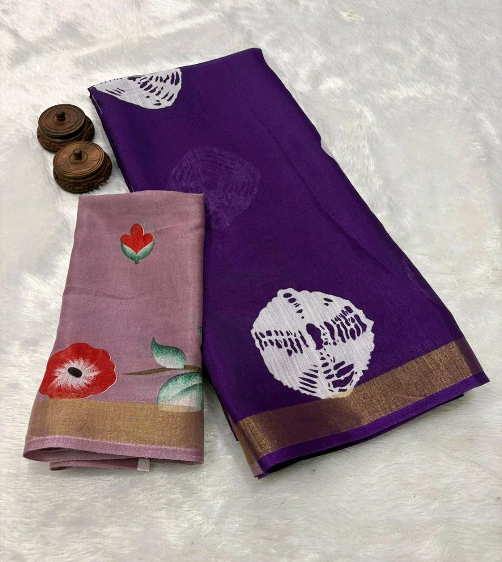Mul Mul Cotton  Saree with Handpainted Floral Blouse Piece 4