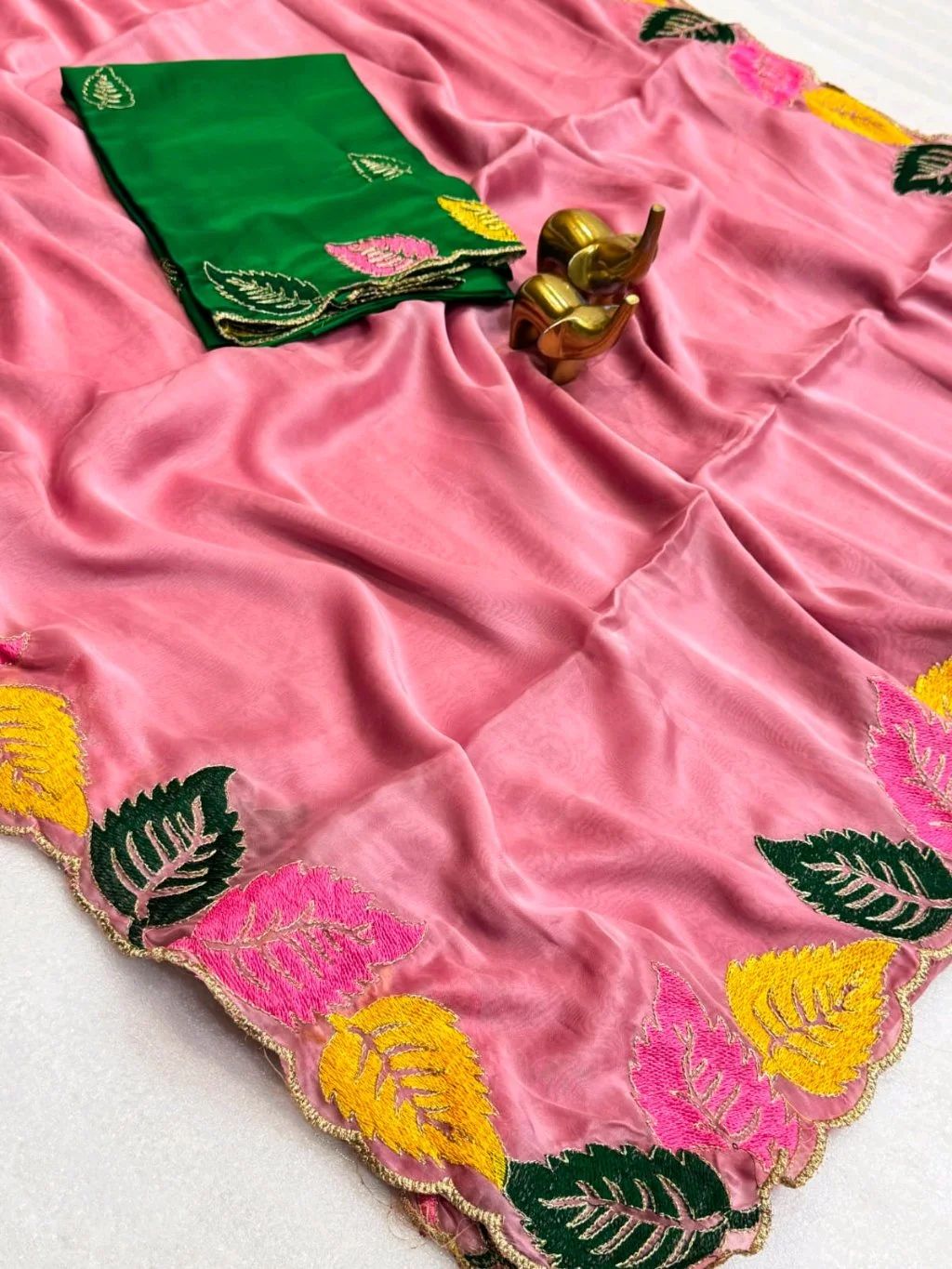 Rangoli Soft Silk Saree with Leaf Embroidery and Contrast Blouse 3