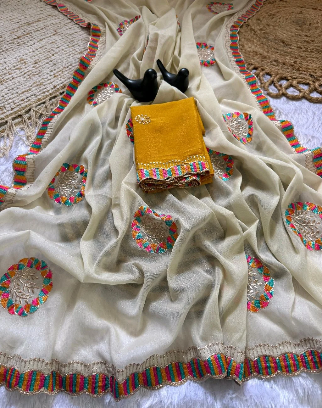 Cream Lightweight Saree with Multicolor Scalloped Embroidery 2
