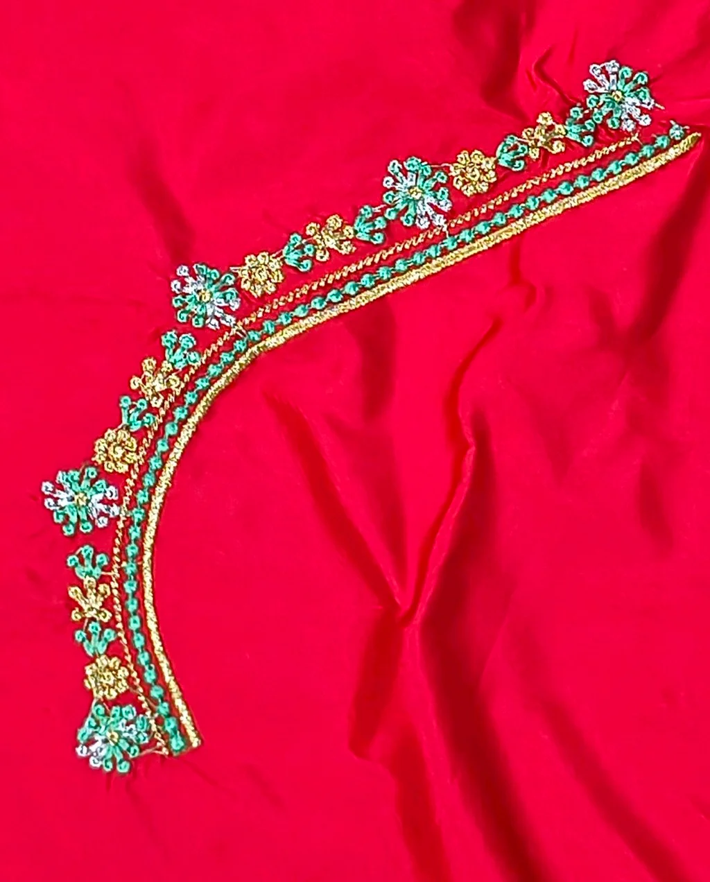 Red Computer Embroidery Blouse Piece with Floral Design thumbnail 3