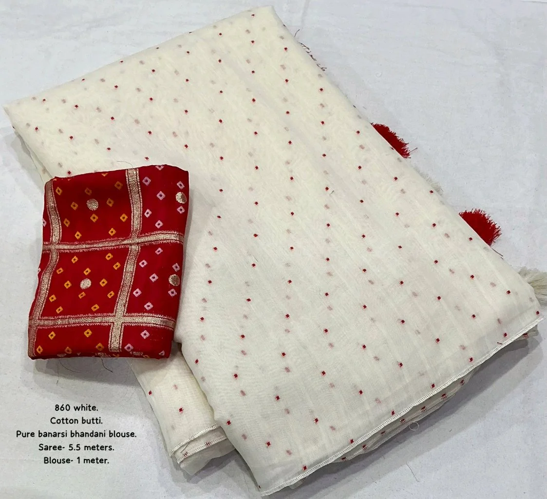 White Cotton Butti Saree with Red Banarasi Bandhani Blouse