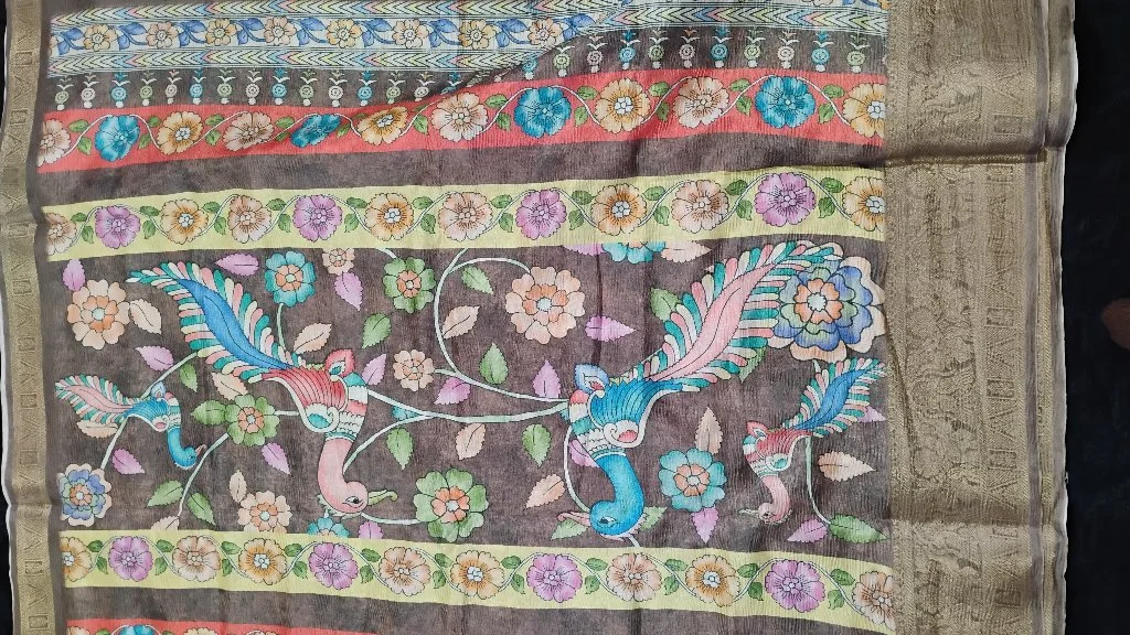 Beige Floral Peacock Print Silk Saree with Zari Border 3