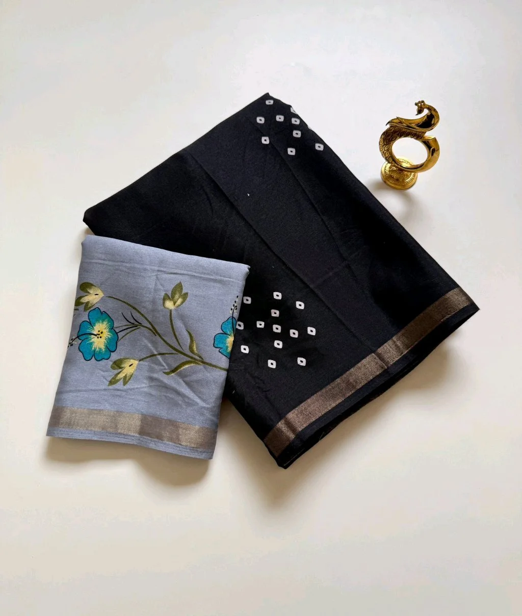 Black Dotted Saree with Floral Print Blouse 1