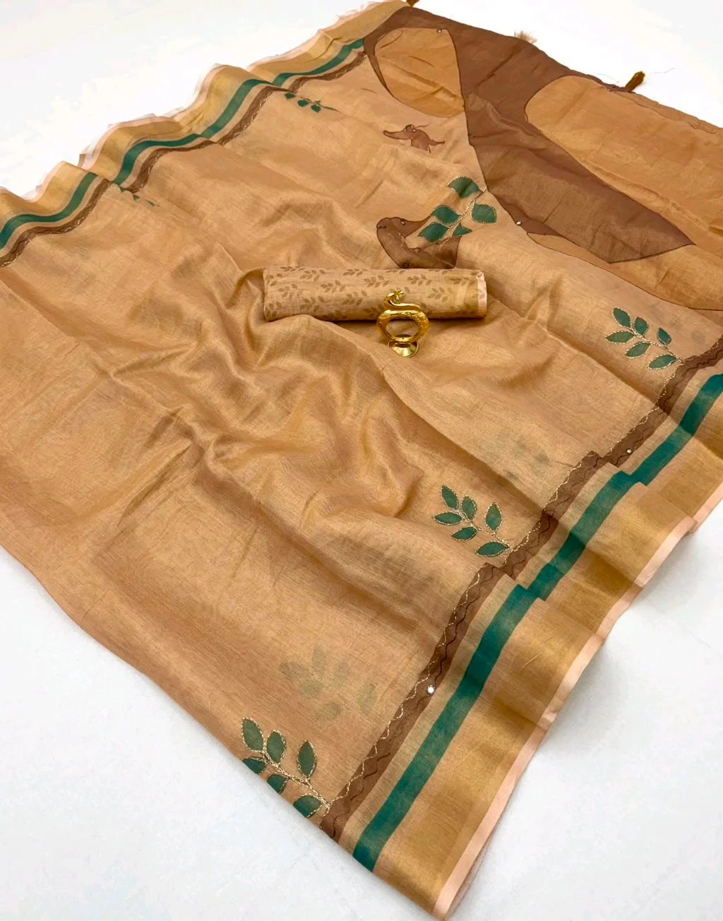Pink Linen Blend Saree with Leaf Embroidery and Striped Border thumbnail 6