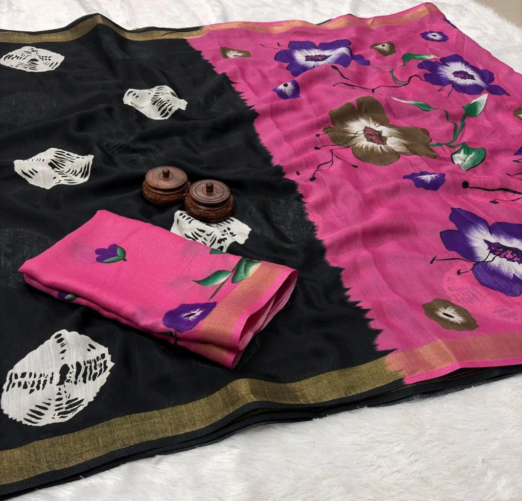 Mul Mul Cotton  Saree with Handpainted Floral Blouse Piece 8