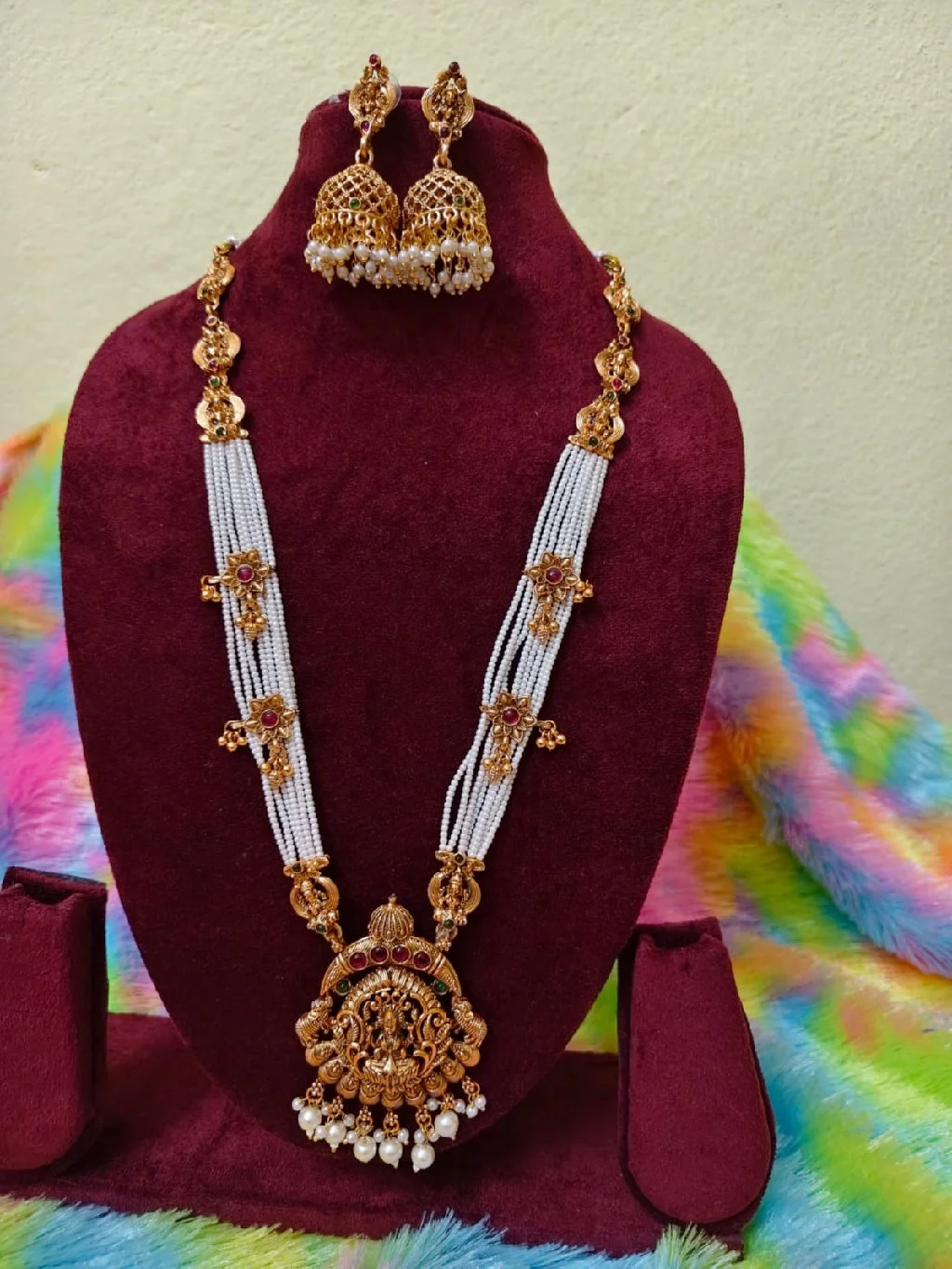 Gold Plated Pearl Temple Necklace Set with Jhumka Earrings