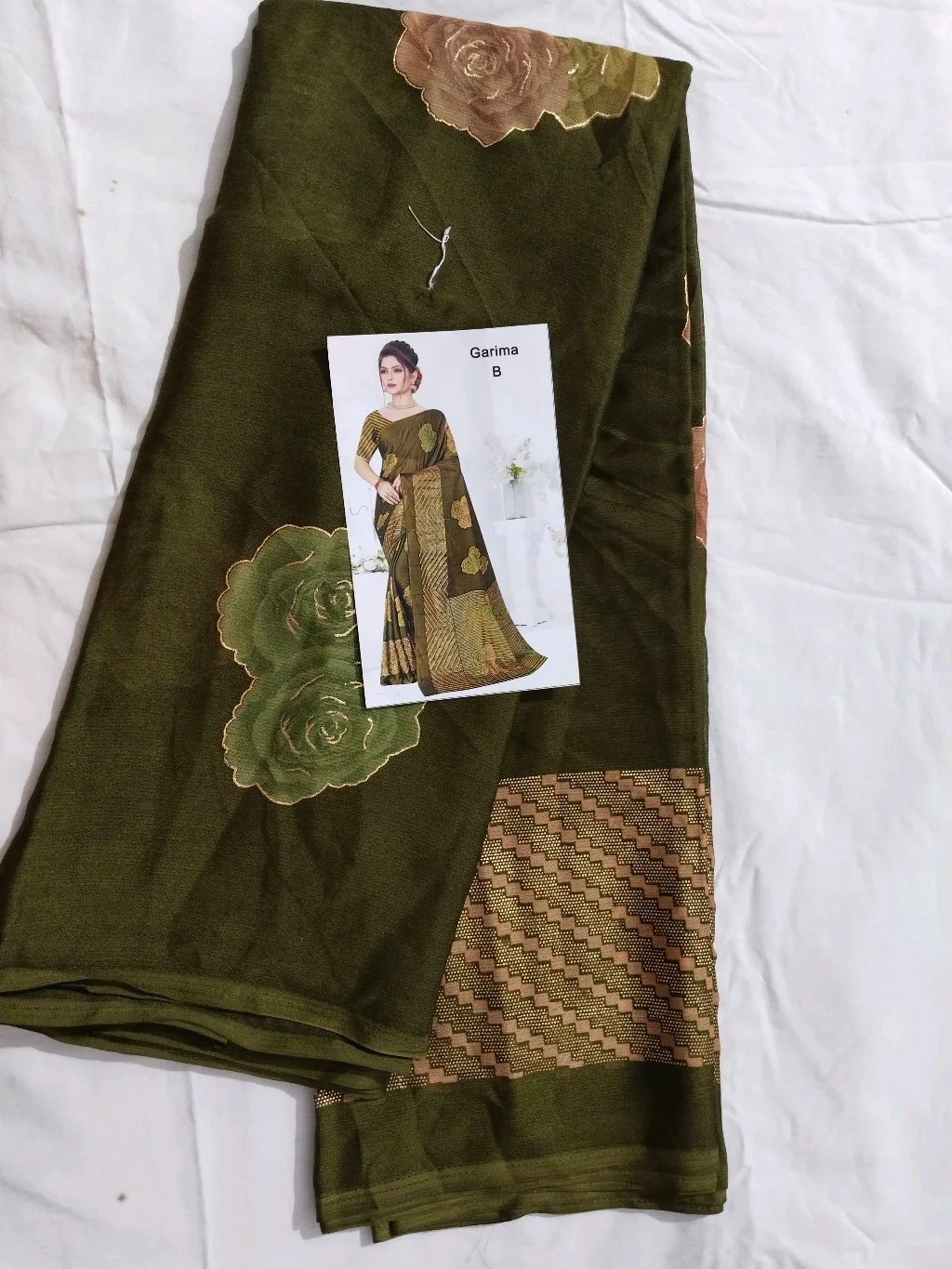 Garima B Olive Green Saree with Floral and Geometric Patterns thumbnail 1