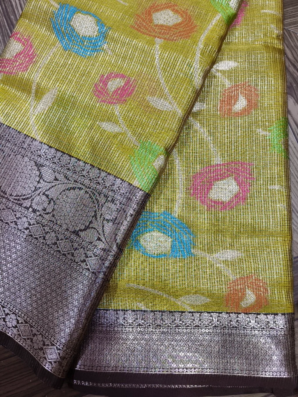 Lime Green Kota Fancy Saree with Floral Motifs and Silver Zari Border thumbnail 2