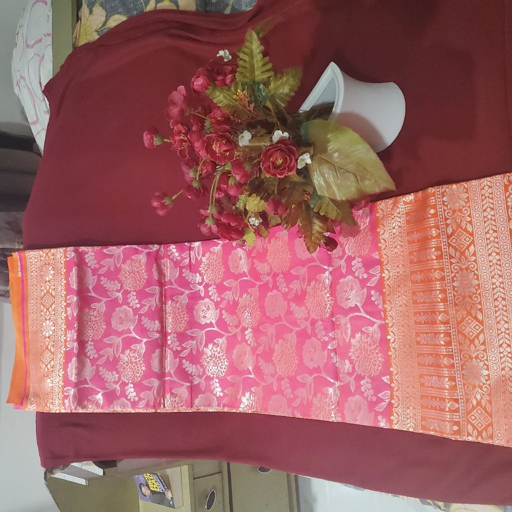 Pink  &Orange  Kalanetha  (మిక్స్డ్ Colours)Saree with Orange Zari Border