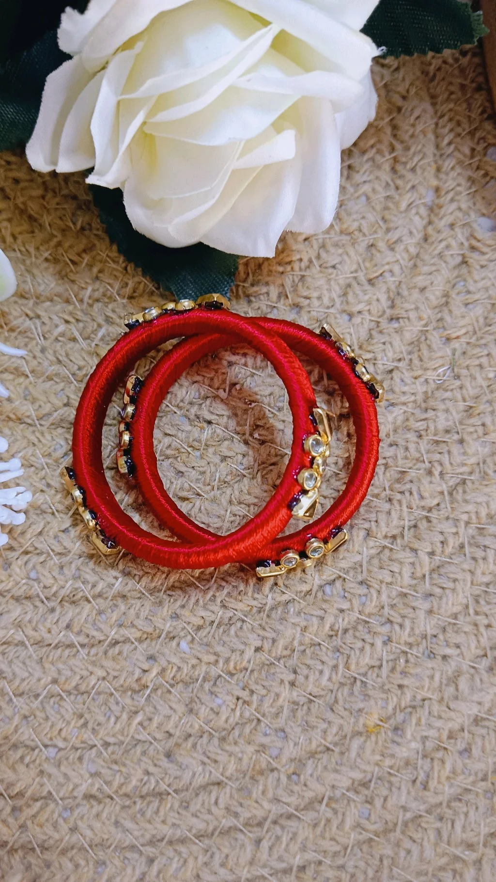 Red Silk Thread Bangles with Gold Kundan Stone Work thumbnail 2