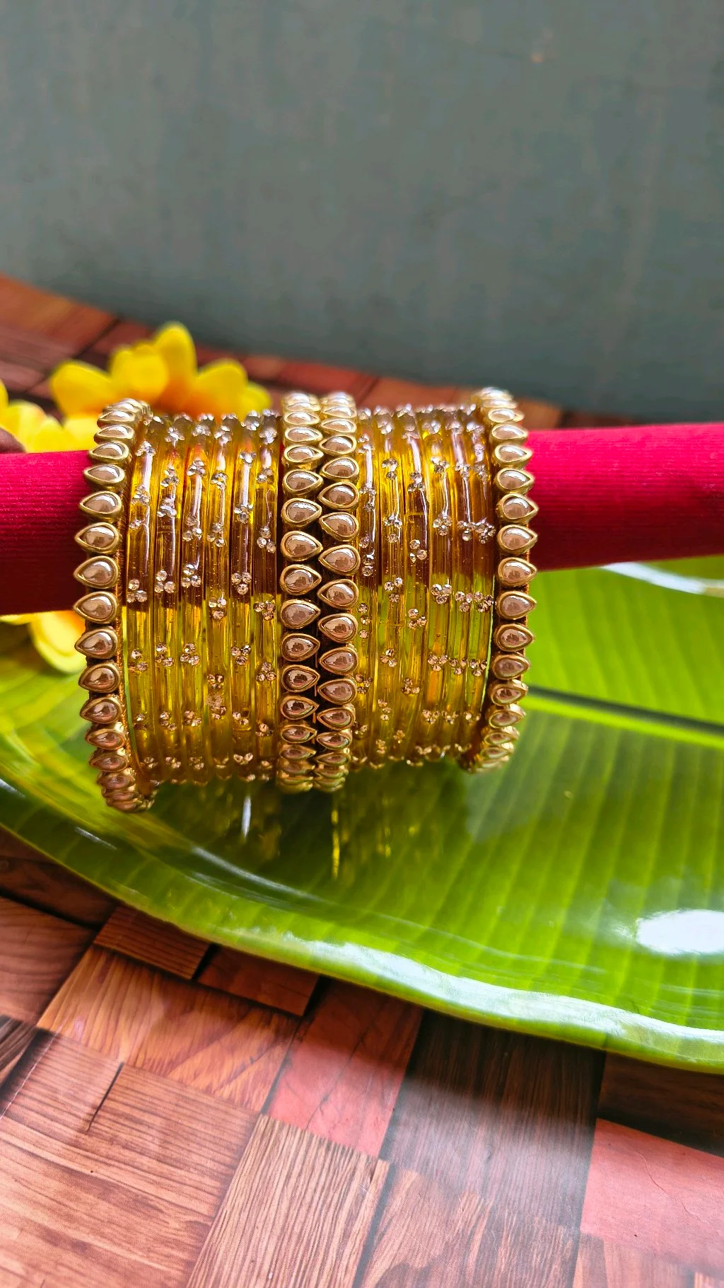 Golden Yellow Glass Bangles with Stone and Gold Design thumbnail 1