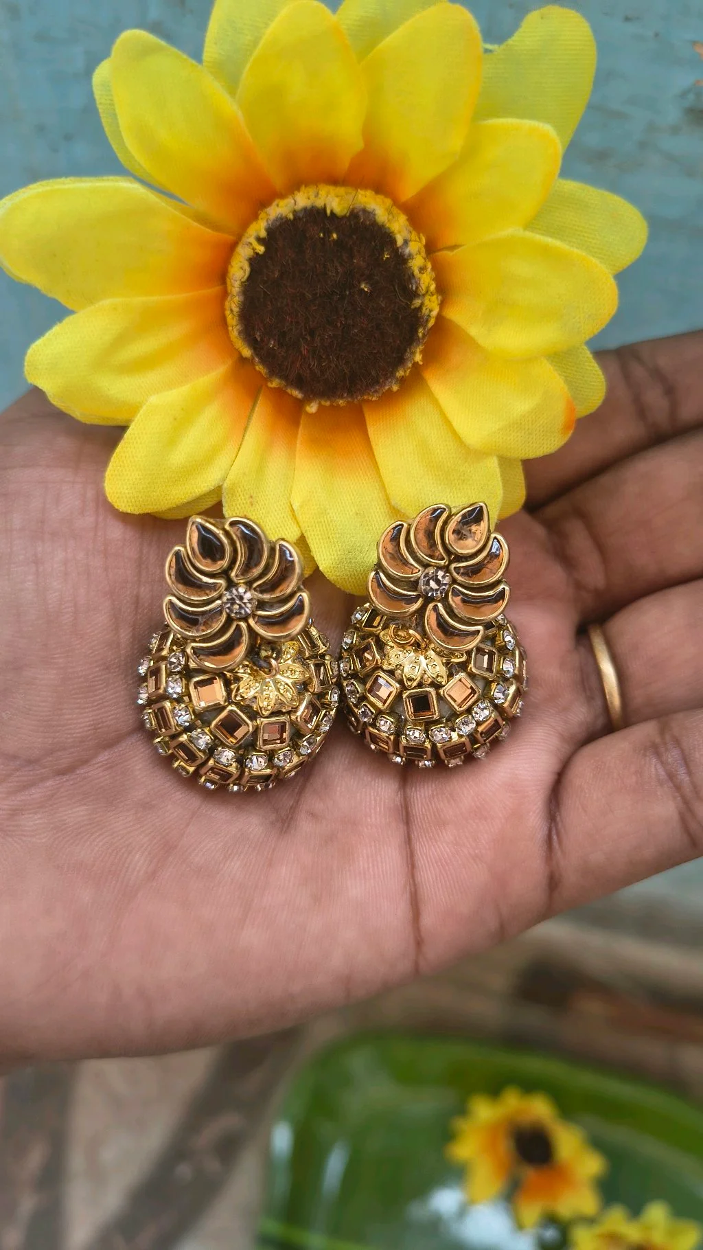 Gold Toned Floral Jhumka Earrings thumbnail 2