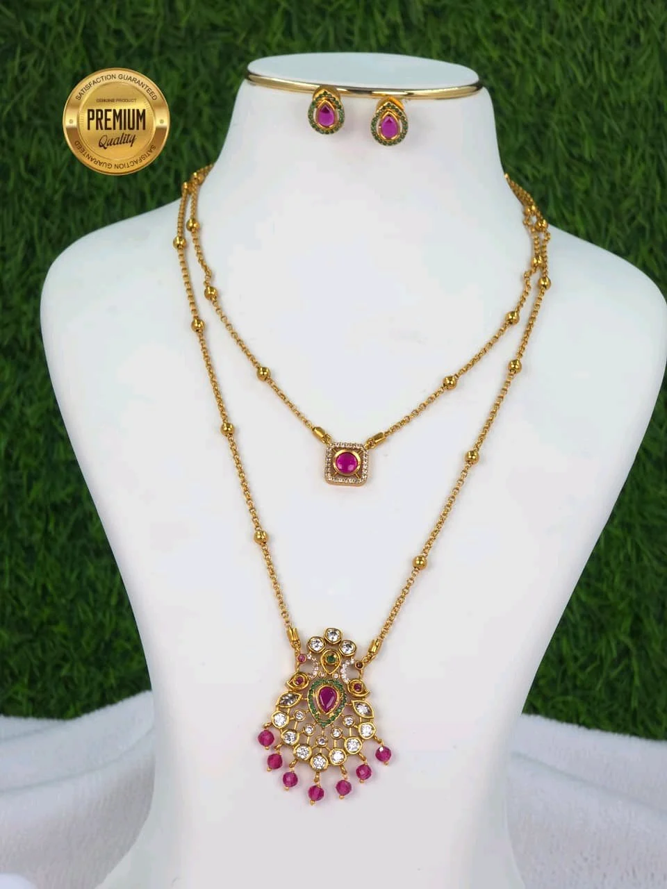 Premium Quality Gold Plated Double Layered Necklace Set with Ruby Stones and Pearl Drops thumbnail 3