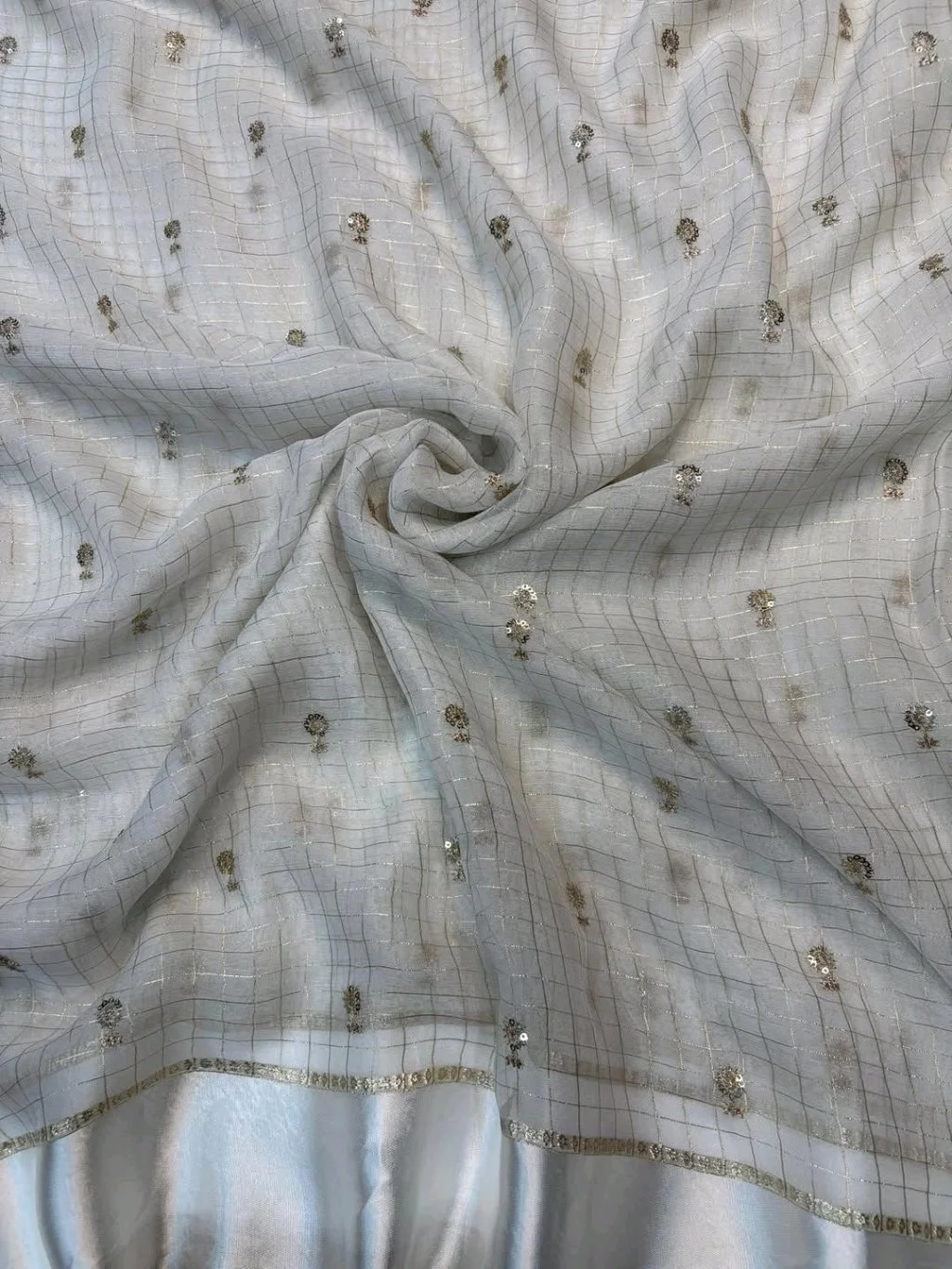 White Organza Saree with Silver Zari Checks and Maroon Blouse 4