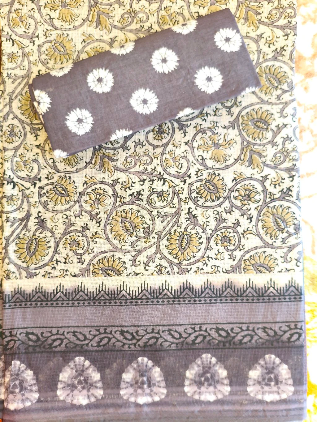 Cream and Gold Block Print Cotton Saree with Contrast Blouse 1