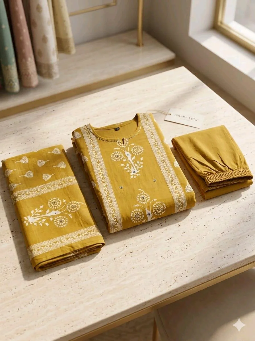 3-piece Kurti Set with Block Print Dupatta and Palazzo thumbnail 5