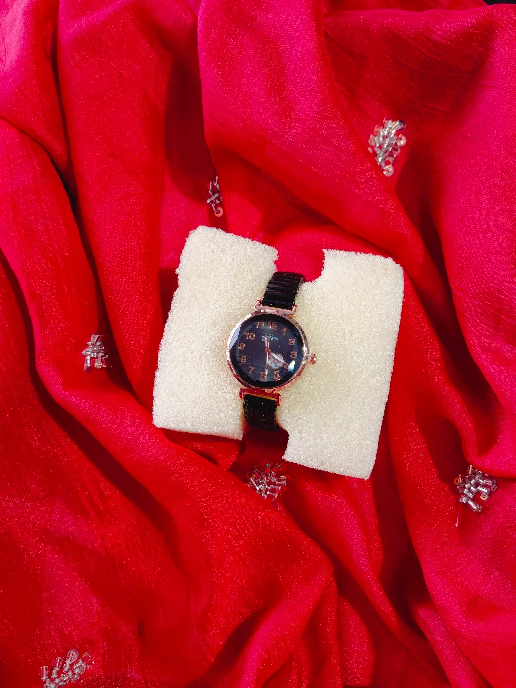 Ladies Black Strap Watch with Rose Gold Dial