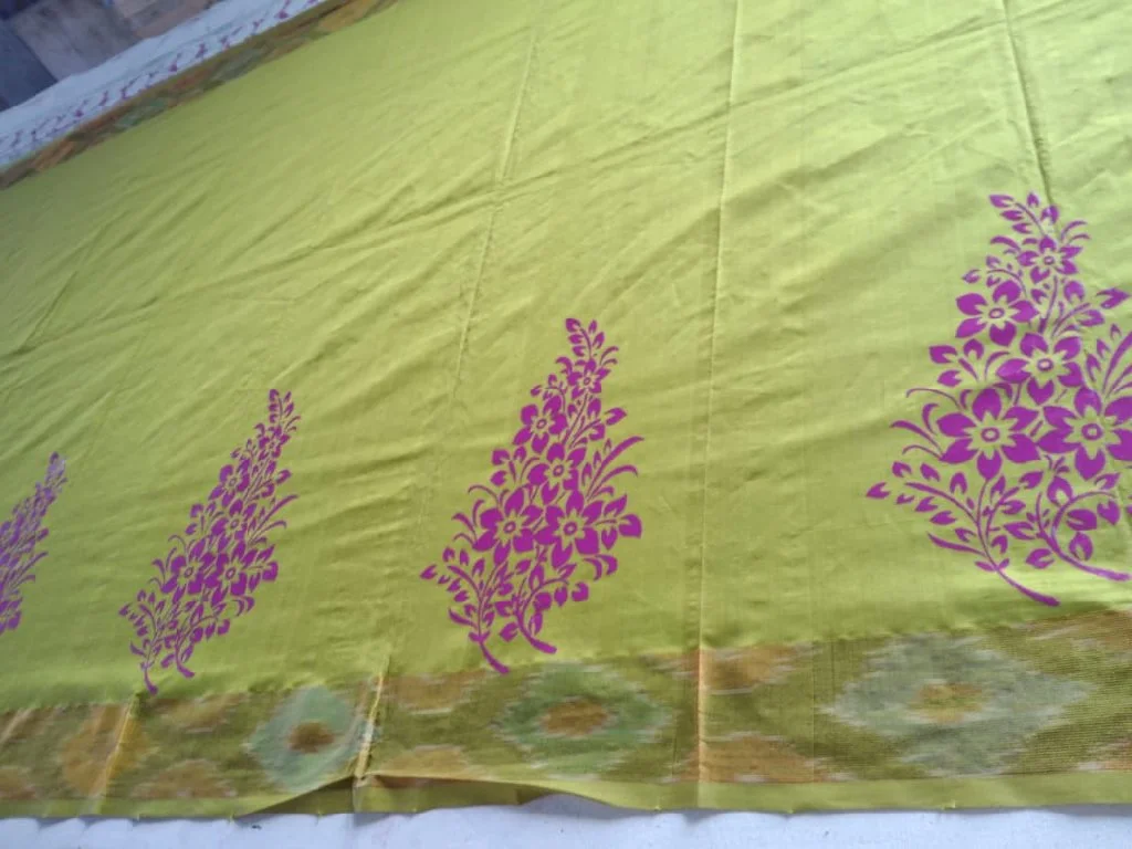 Lime Green Cotton Saree with Magenta Floral Print