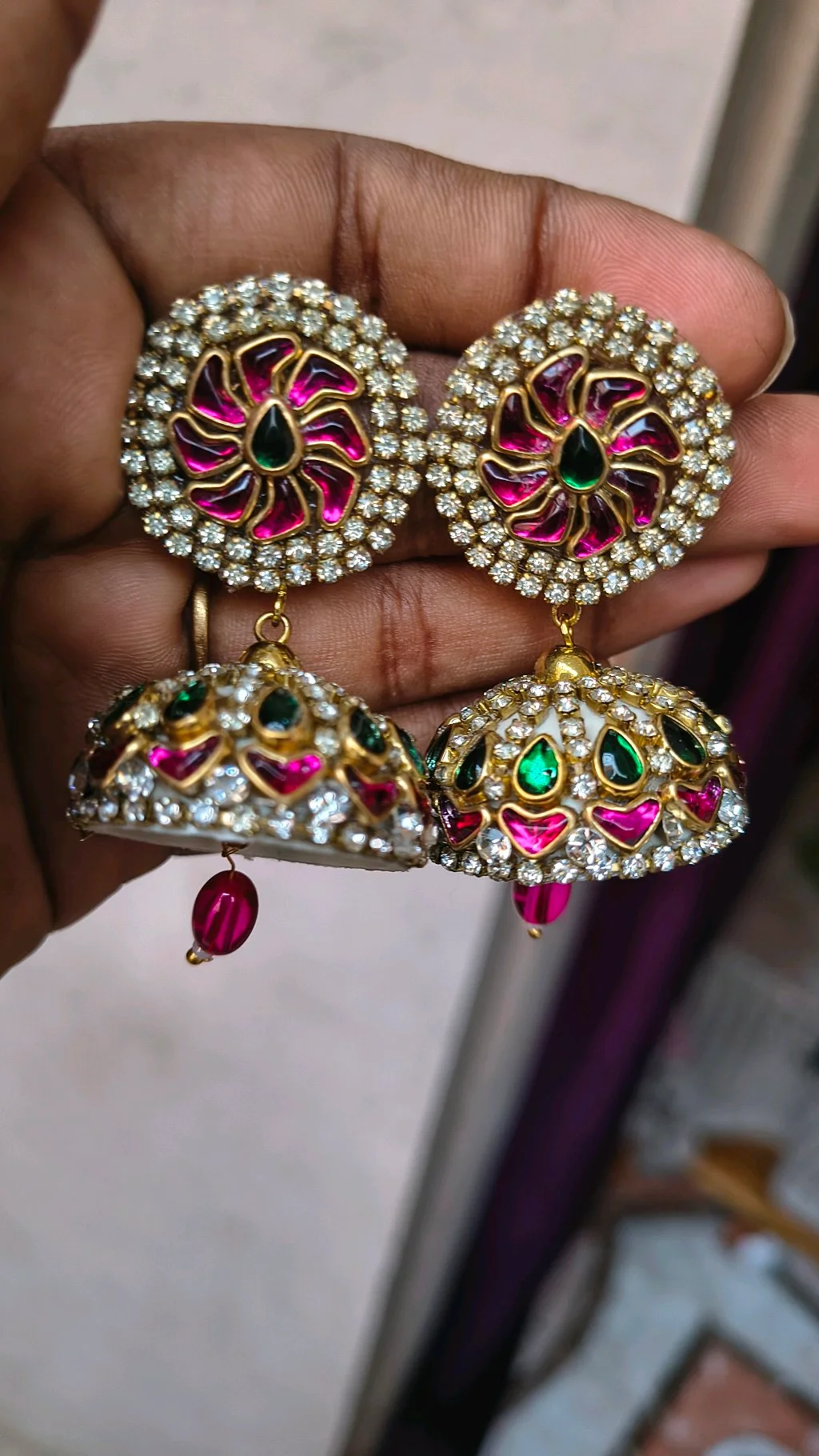 Gold Toned Kundan Jhumka Earrings with Pink and Green Stones thumbnail 1