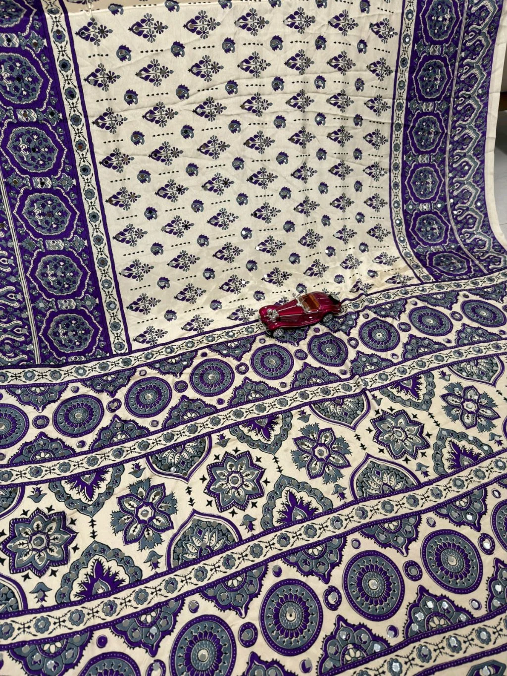 Black Ajrakh Print Saree with Red and Grey Patterns and Mirror Work 3