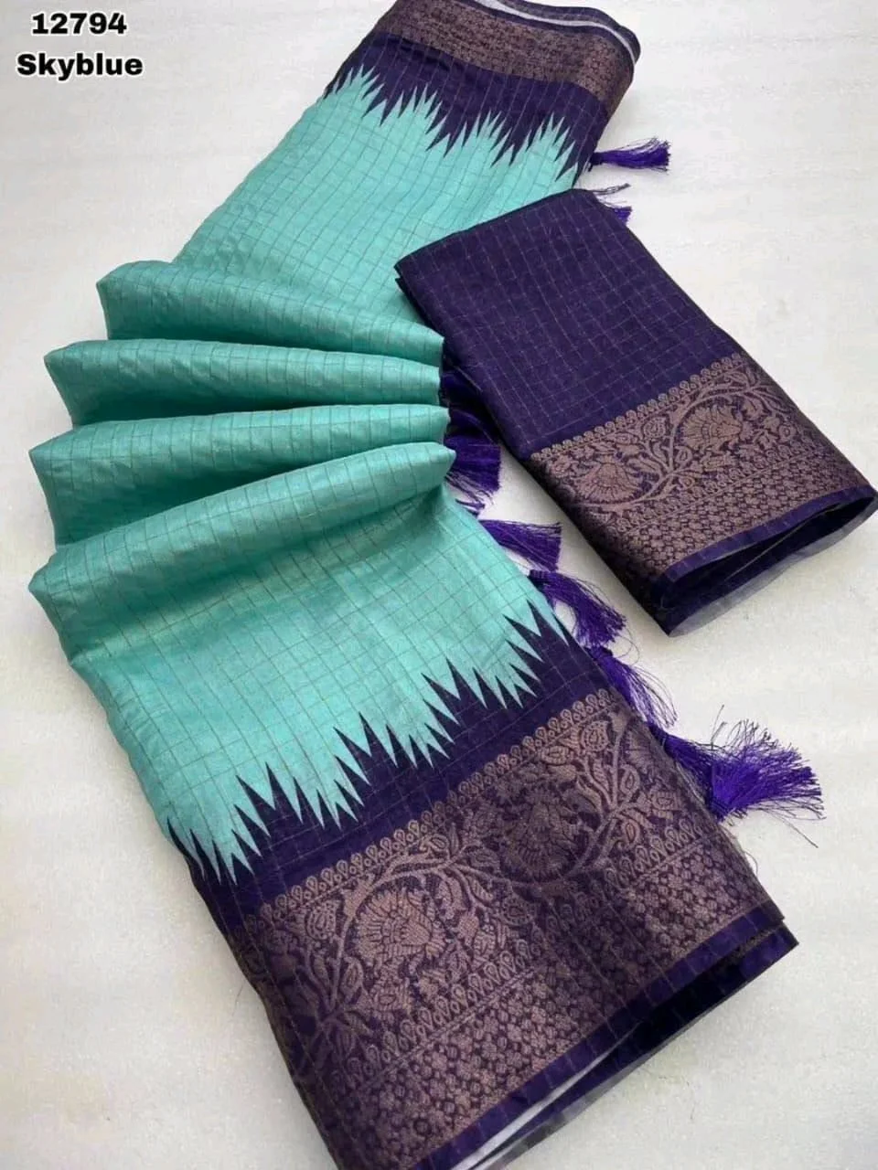 Soft Dola Silk Skyblue Checkered Saree with Purple Zari Border 1